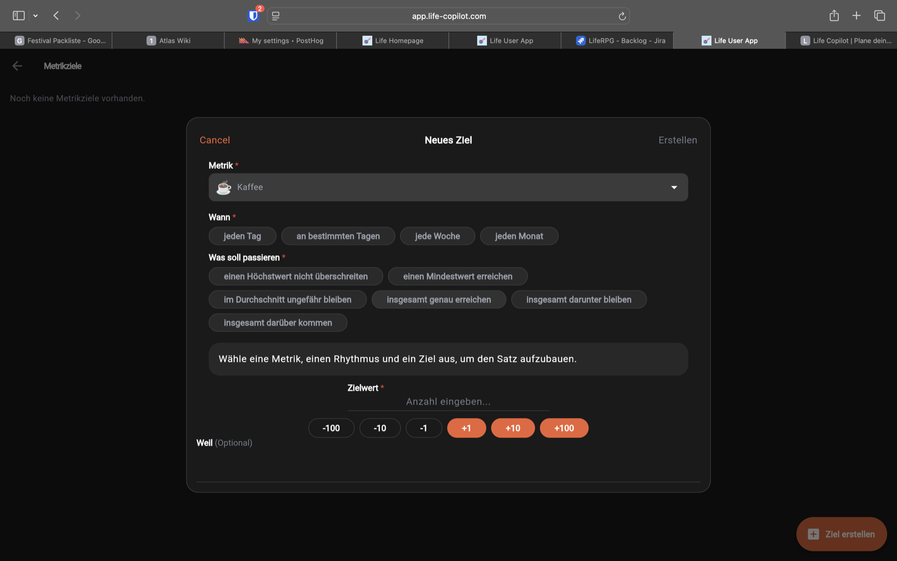 Metrikziel erstellen Dialog in Life Copilot